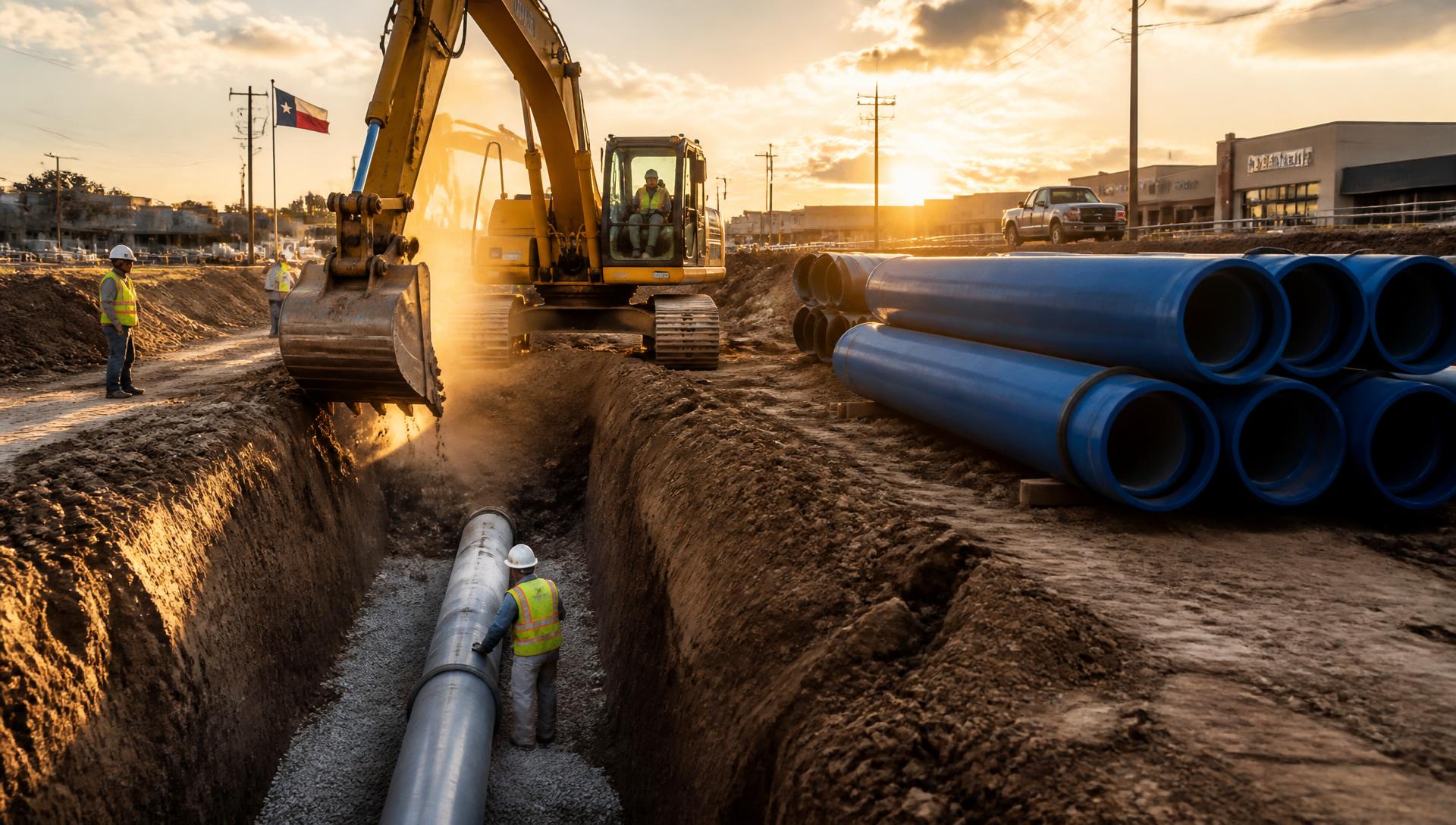 Excavator installing underground utilities on a San Antonio job site